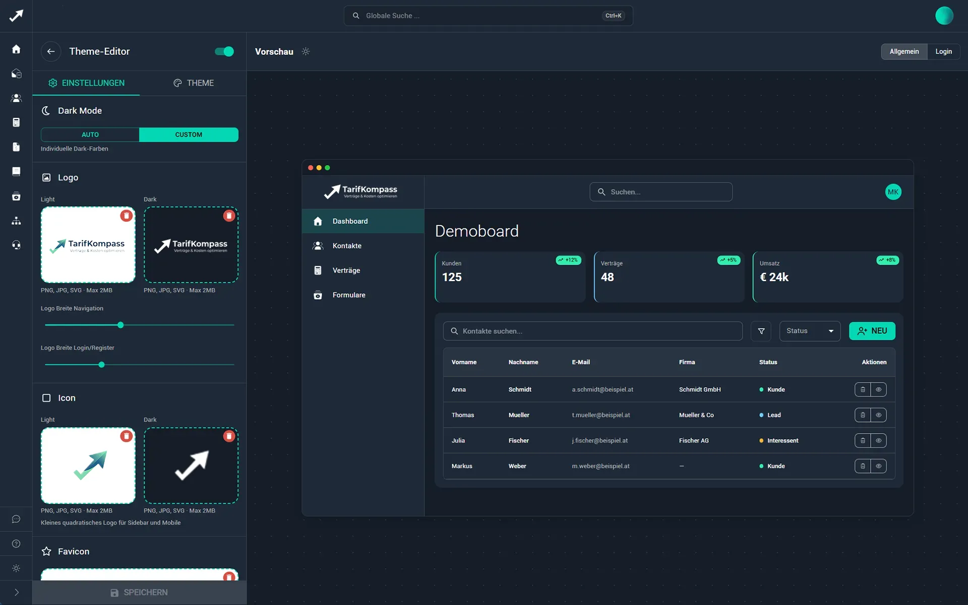 Theme-Editor mit Farb- und Logo-Anpassungen
