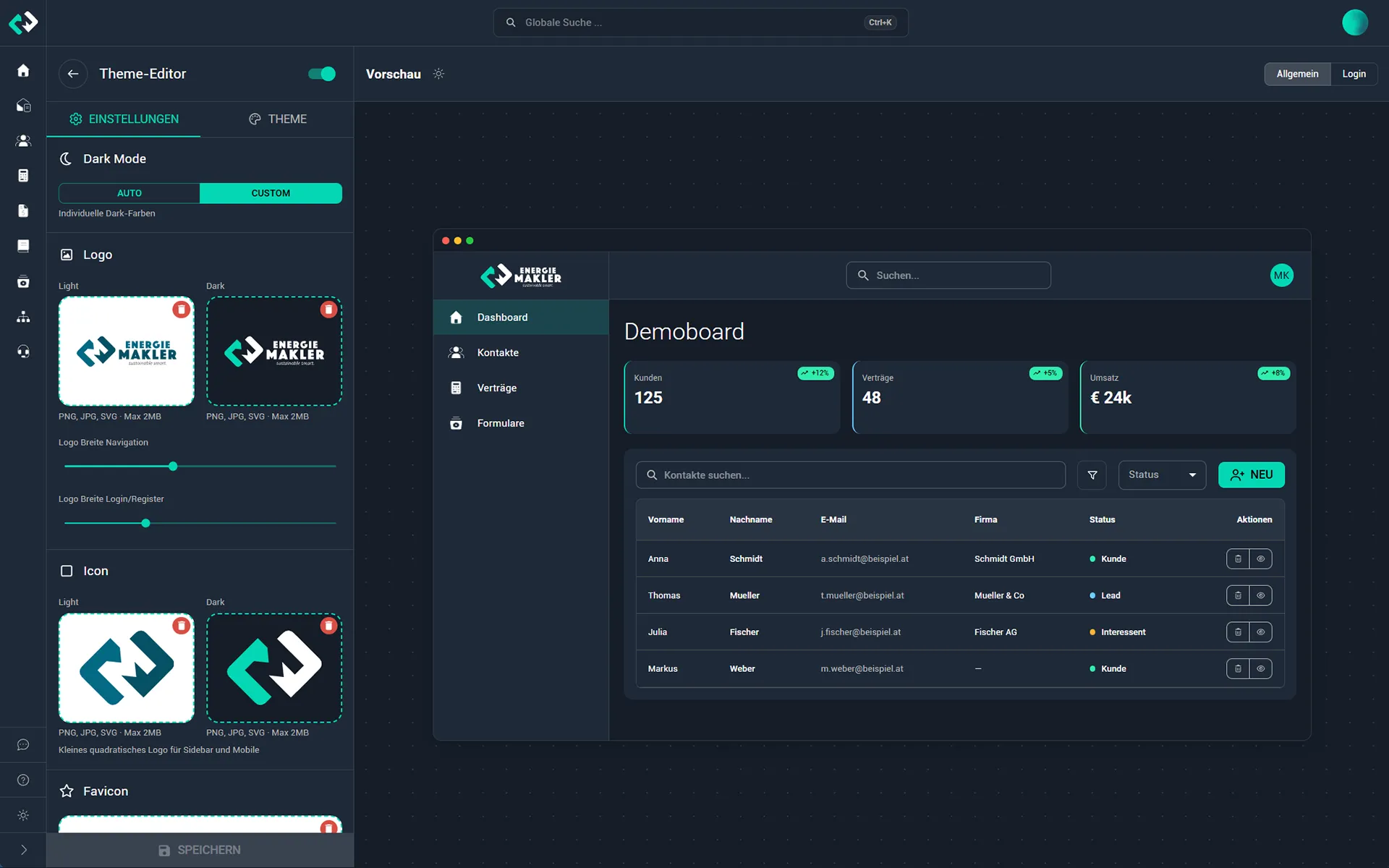 Theme-Editor mit Farb- und Logo-Anpassungen